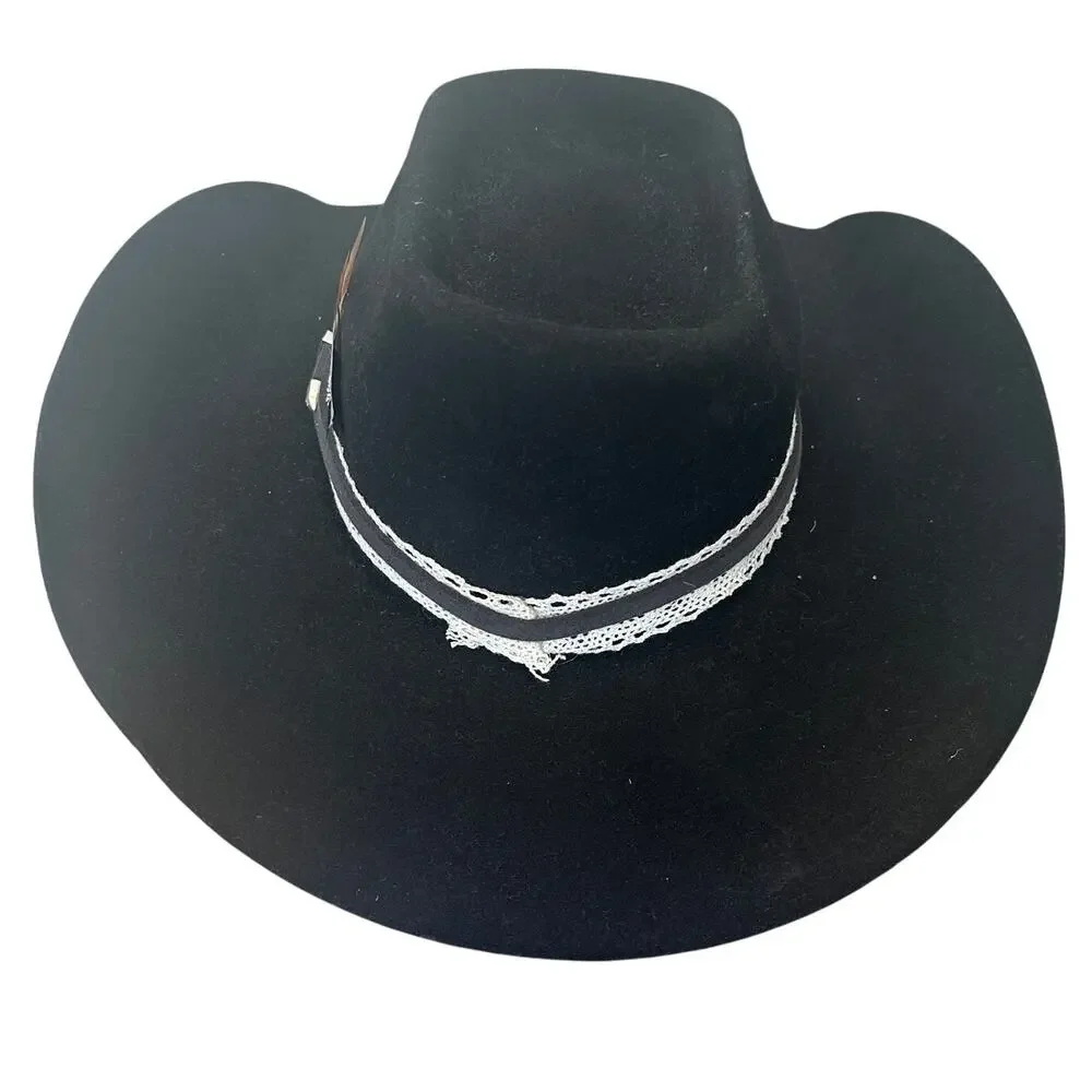 Black Felt Cowboy Hat One Size 7 1/2 Western Wool Festival Hatband Cowgirl Vegan